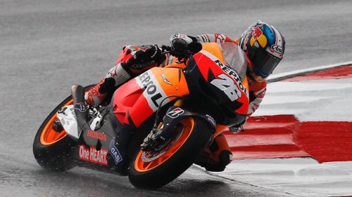 Dani Pedrosa does not fret, in the wet.